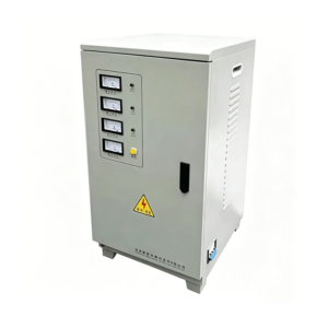 JXDL three-phase voltage stabilizer side view showing industrial metal casing and heat dissipation vents.